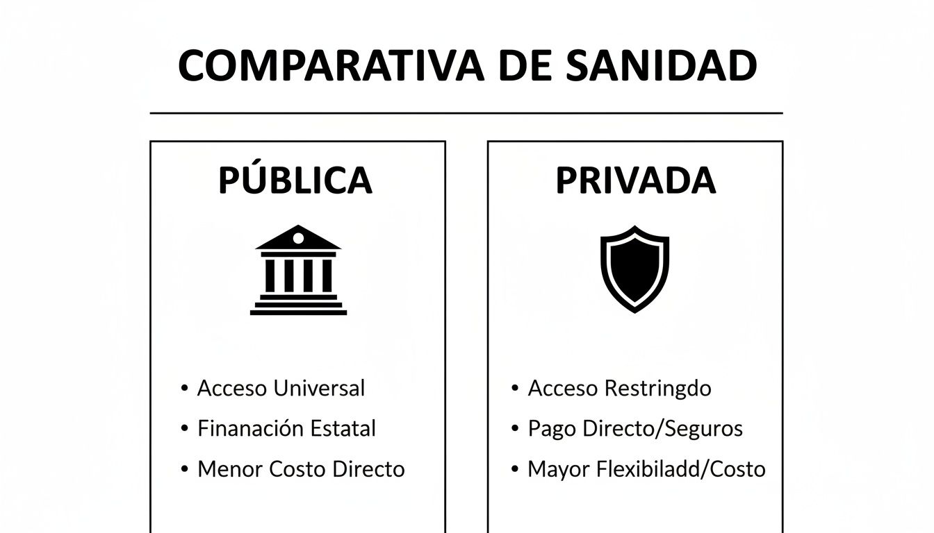 Gráfico comparativo de sanidad pública y privada en España, destacando acceso, financiación y coste.