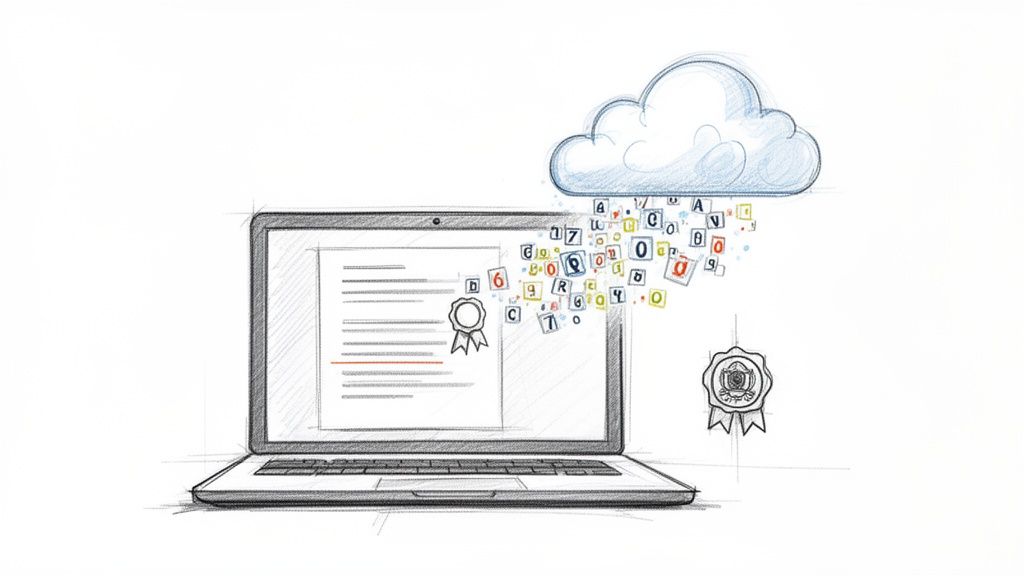 Guía de la fotocopia compulsada dni para trámites estudiantiles 3 Bosquejo de laptop con documento digital, una nube de datos y sellos de certificación. Representa la digitalización y verificación.