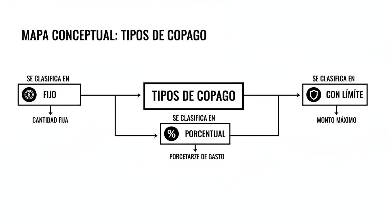 Mapa conceptual que ilustra los diferentes tipos de copago: fijo, porcentual y con límite de gasto.