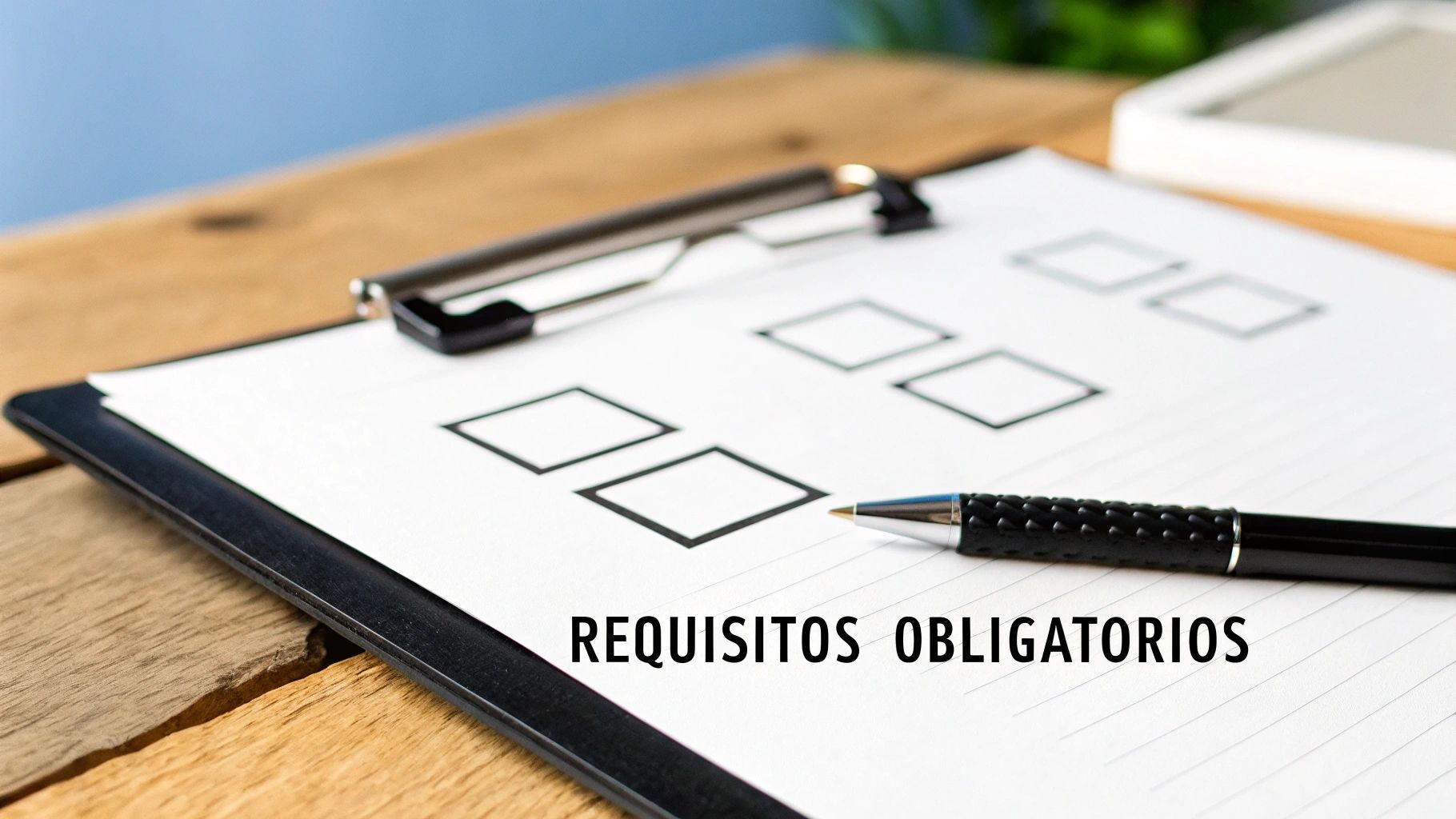Portapapeles con documento y bolígrafo mostrando "REQUISITOS OBLIGATORIOS" y casillas de verificación en blanco.