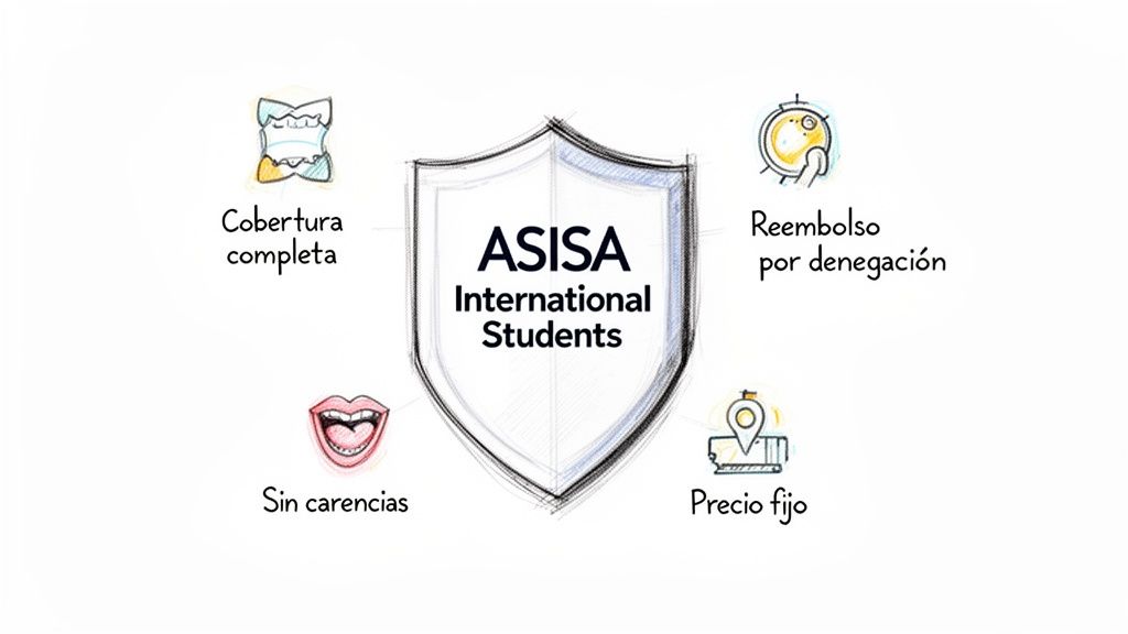 Seguros de salud sin copagos y sin carencias para visados en España 3 Infografía de ASISA International Students destacando cobertura completa, sin carencias, precio fijo y reembolso por denegación.