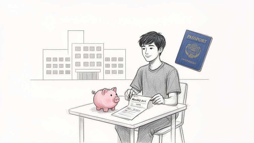 Comparativa: comparativa seguros salud sin copagos para estudiantes 1 Un joven planifica sus finanzas con una alcancía y un documento, soñando con estudios o viajes al extranjero, simbolizado por un pasaporte y un edificio.