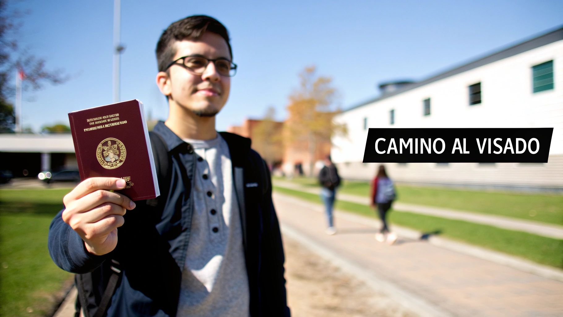 Joven con gafas sostiene pasaporte, simbolizando el proceso de visado para estudiar en España.