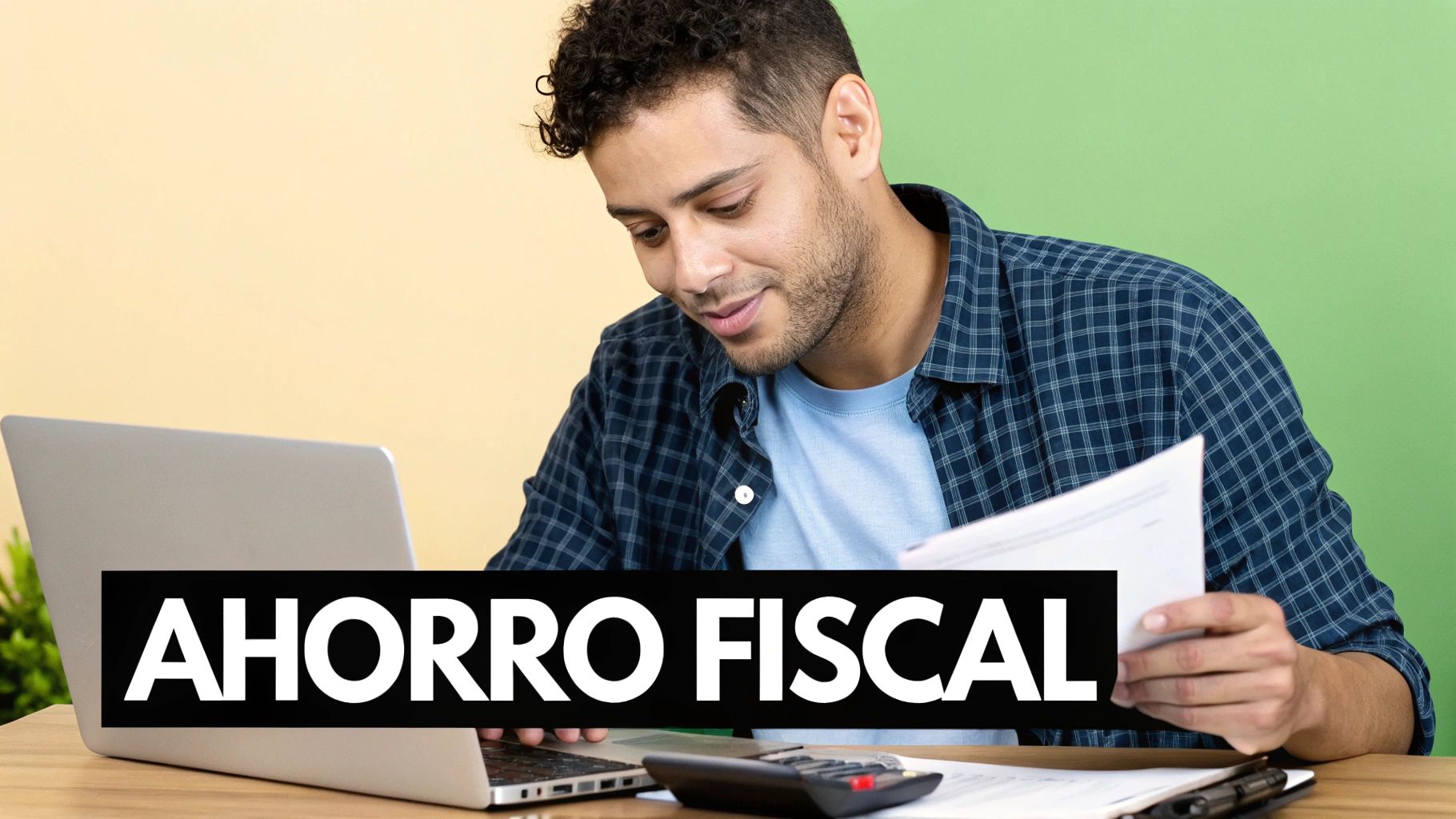 Hombre sonriente revisando papeles y usando laptop para gestionar su ahorro fiscal.