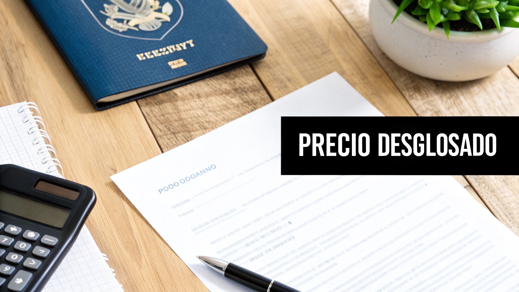 Mesa de madera con pasaporte azul, calculadora, documentos, un bolígrafo y una planta. La imagen muestra el texto 'PRECIO DESGLOSADO'.
