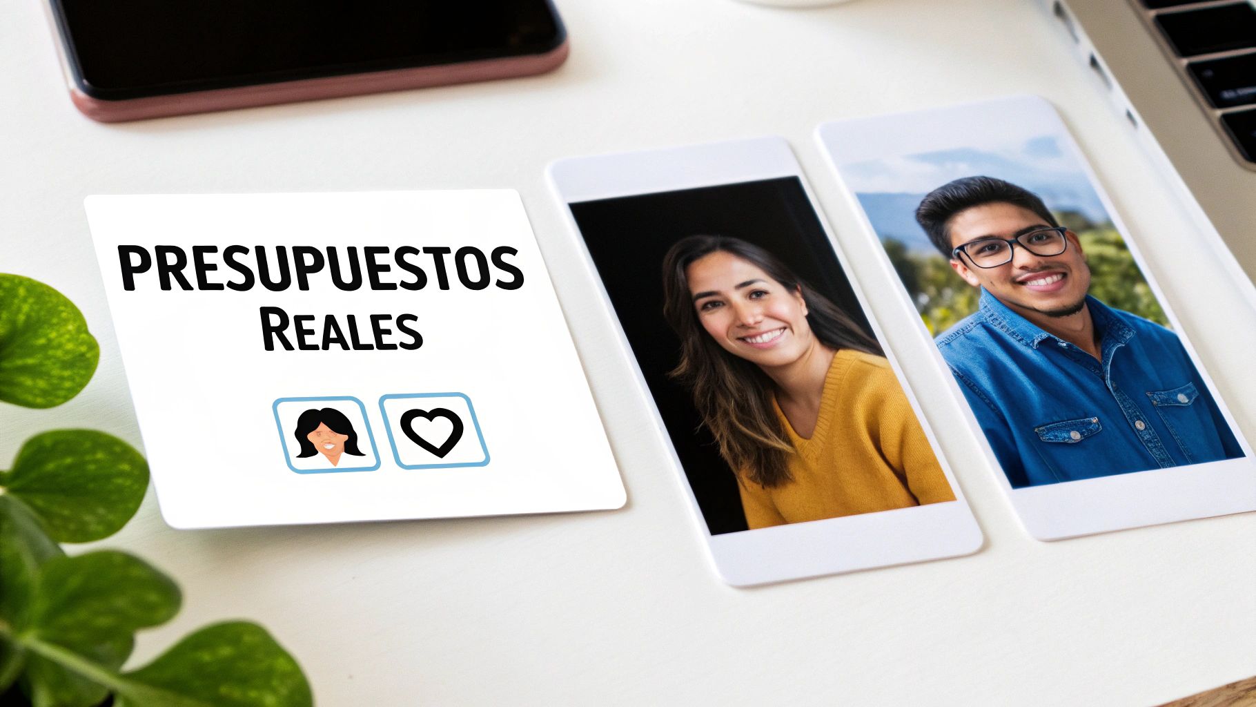 Tarjeta con 'PRESUPUESTOS REALES' y símbolos de mujer y corazón. Dos móviles muestran fotos de personas sonrientes, representando finanzas personales.