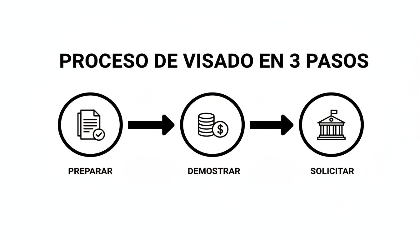 Guía de requisitos visado estudiante españa para estudiar en España 1 Diagrama ilustrando el proceso de visado en 3 pasos: preparar documentos, demostrar fondos y solicitar.
