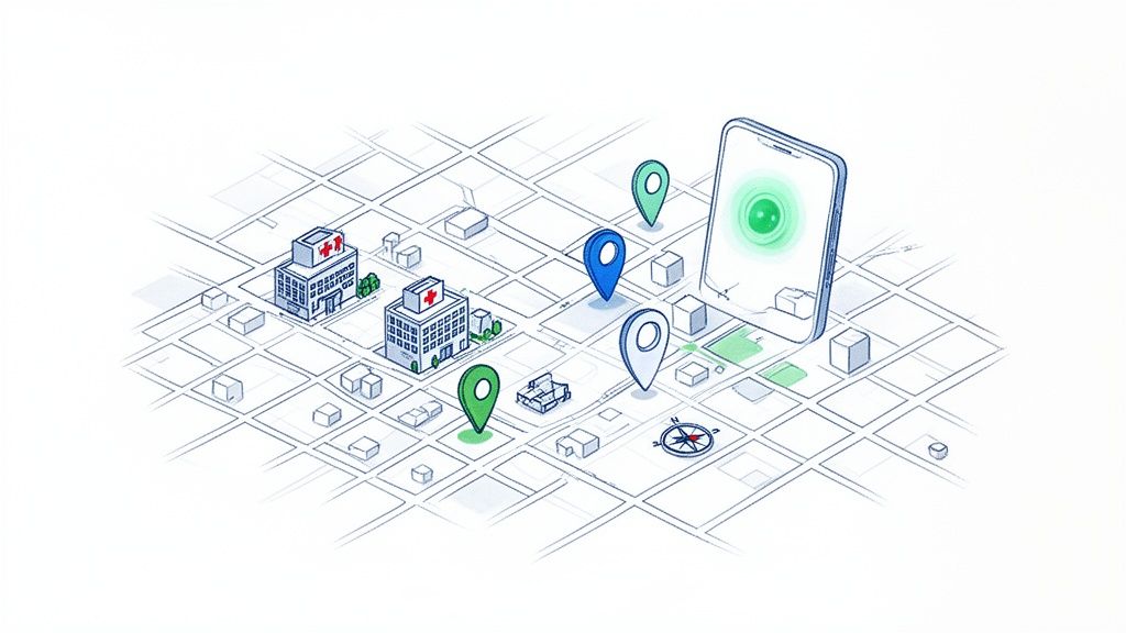 Guía completa del hospital urgencias asisa para extranjeros 2 Mapa isométrico de ciudad con edificios de hospital, marcadores de ubicación y un teléfono móvil con señal.