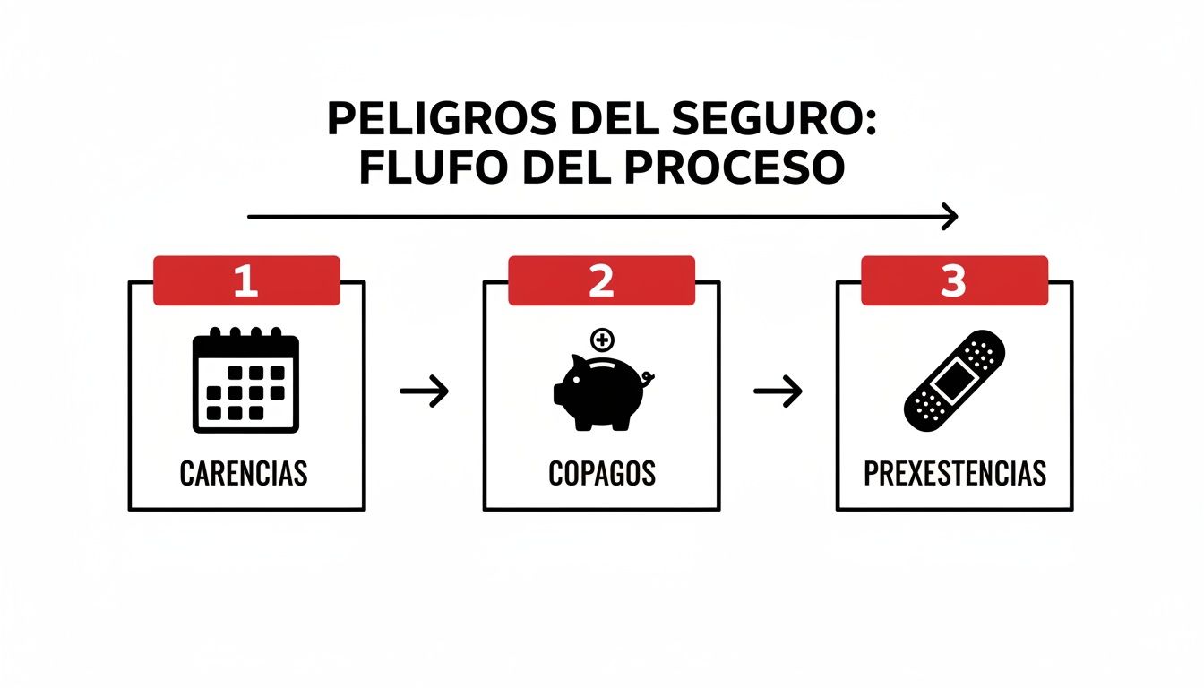 Diagrama de flujo de los peligros del seguro: carencias, copagos y preexistencias representados con iconos.
