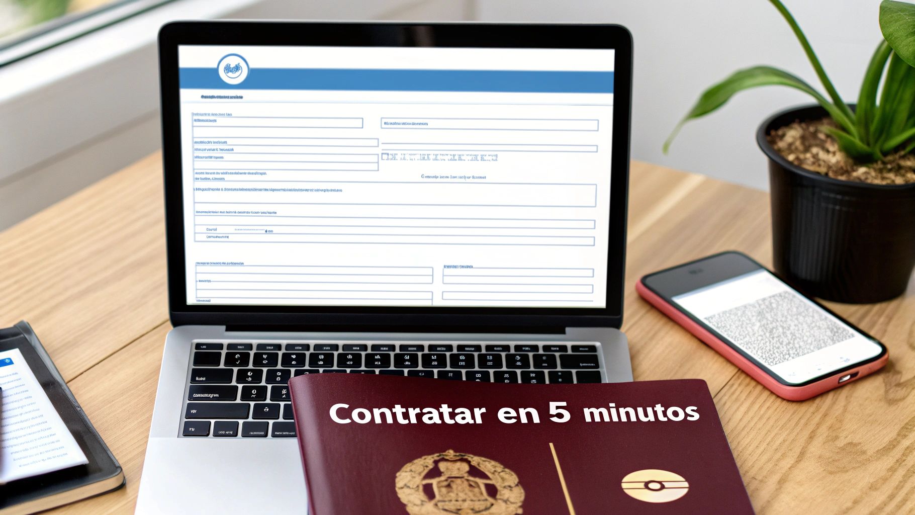 Portátil con formulario online, pasaporte con texto, móvil y planta sobre mesa de madera para contratar.