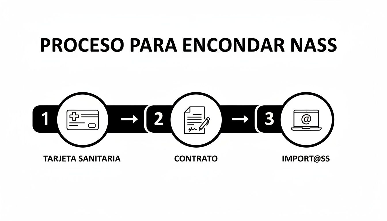 Infografía de 3 pasos para el proceso de afiliación a la Seguridad Social: tarjeta, contrato e Import@ss.