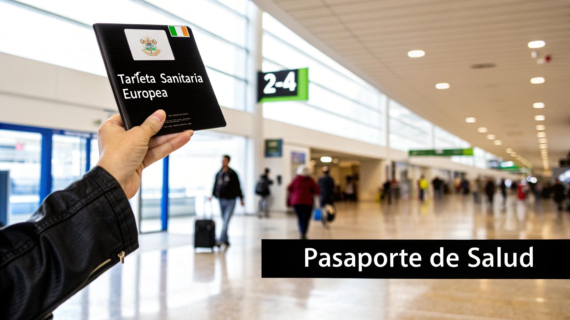 Una persona sostiene una Tarjeta Sanitaria Europea en un aeropuerto con el texto "Pasaporte de Salud".