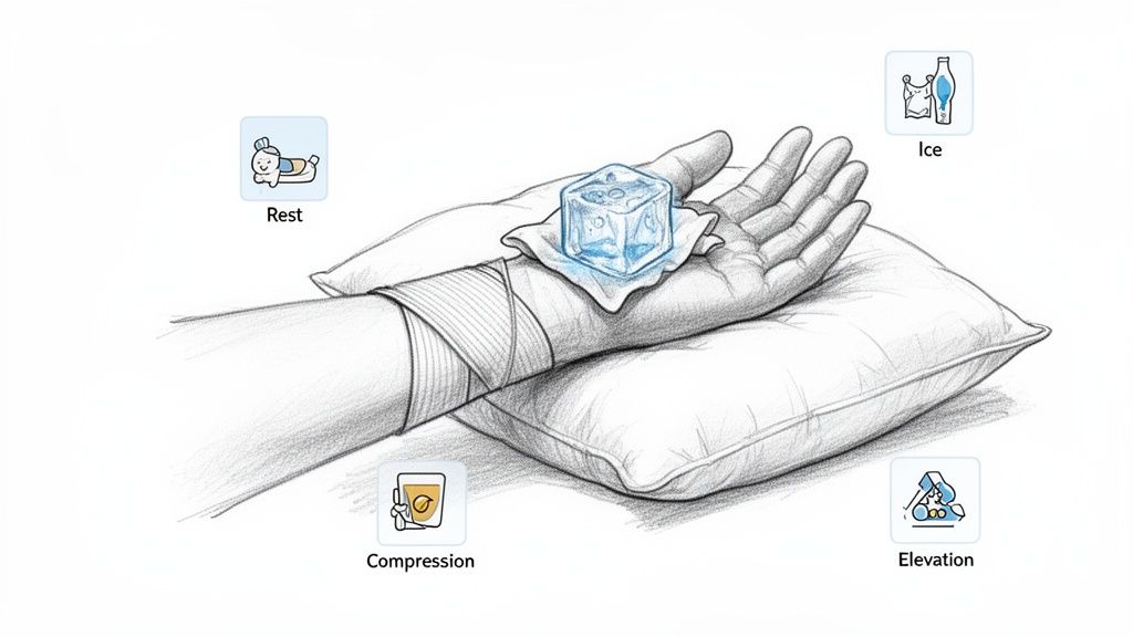 Guía completa del esguince de muñeca síntomas y tratamiento 3 Ilustración del método RICE (Reposo, Hielo, Compresión, Elevación) para tratar un esguince de muñeca.
