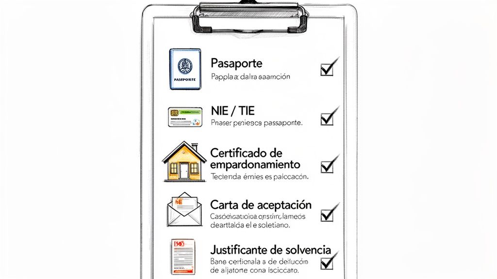 Abrir cuenta bancaria en españa: guía para extranjeros 2 Lista de documentos esenciales como pasaporte, NIE, empadronamiento y solvencia, marcados como completados.
