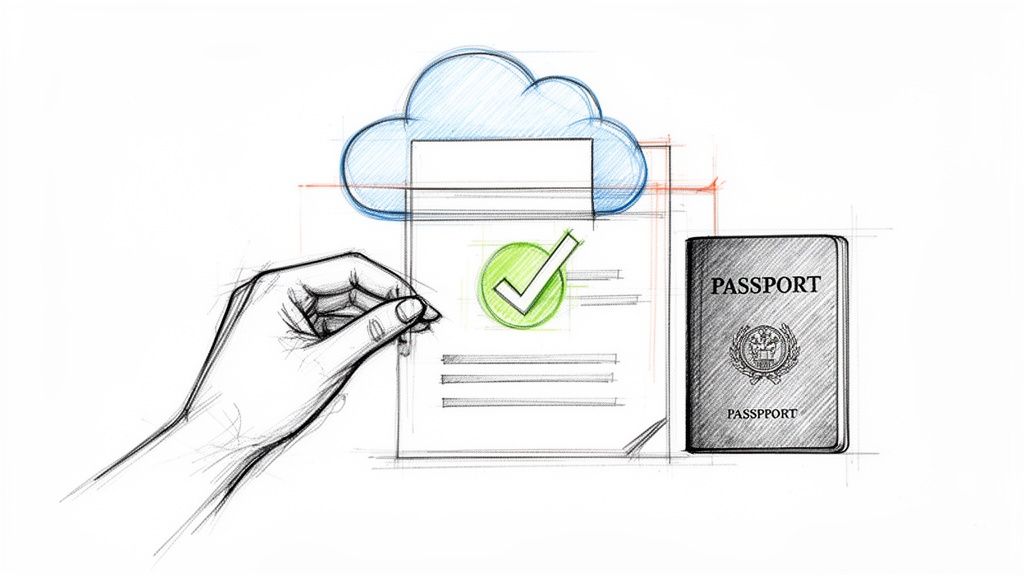 Tu guía del Asisa portal del paciente para estudiantes internacionales 3 Mano sosteniendo documento verificado, con icono de nube y pasaporte, simbolizando verificación digital.