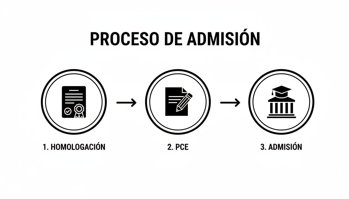 Guía: cómo estudiar en españa siendo extranjero para triunfar 2 Diagrama visual del proceso de admisión con tres pasos: homologación, PCE y admisión.