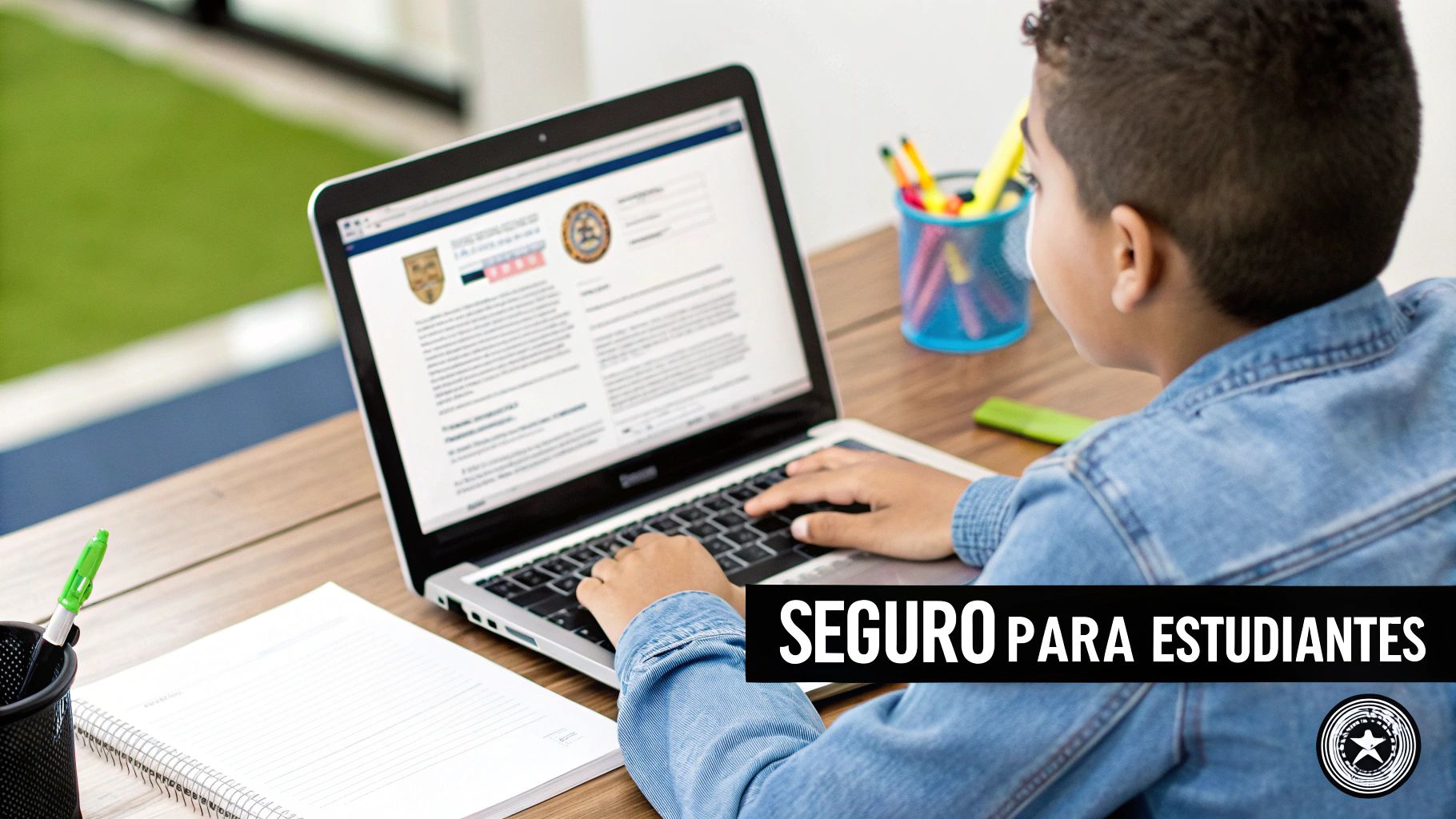 Joven estudiante, posiblemente un niño, utilizando una laptop en un escritorio con cuadernos y útiles escolares. Tiene superpuesto el texto "SEGURO PARA ESTUDIANTES".