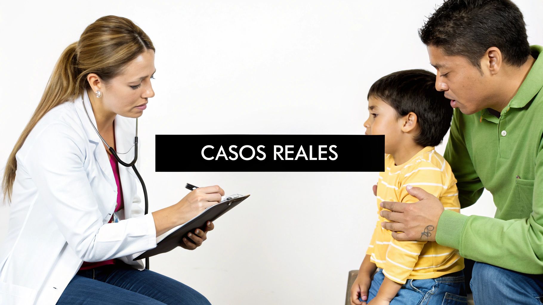 Doctora atiende a padre e hijo, escribiendo notas sobre casos reales en su consulta médica.