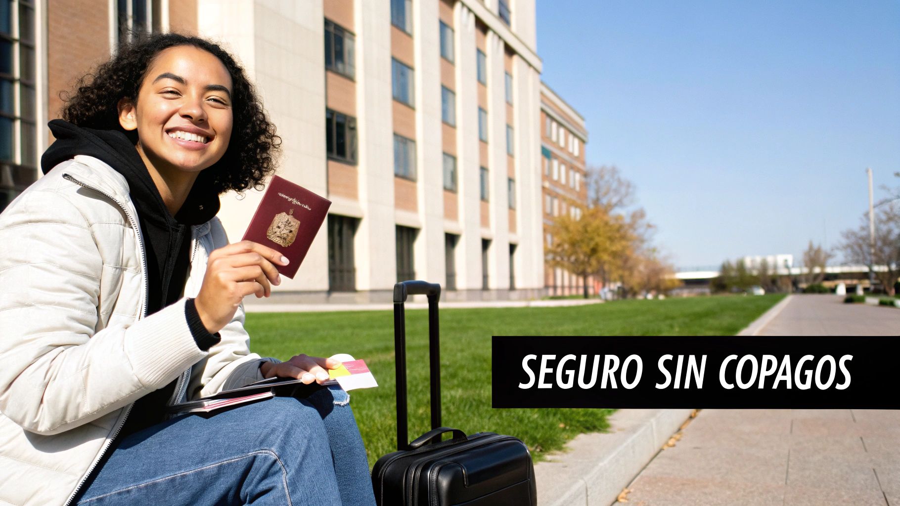 Joven sonriente con pasaporte y maleta, lista para viajar o estudiar, simbolizando un seguro sin copagos.