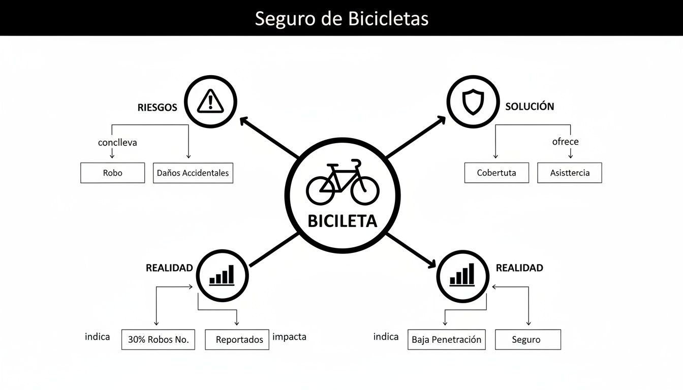 Diagrama de seguro de bicicletas que muestra riesgos (robo, daños), soluciones (cobertura, asistencia) y realidades del mercado.