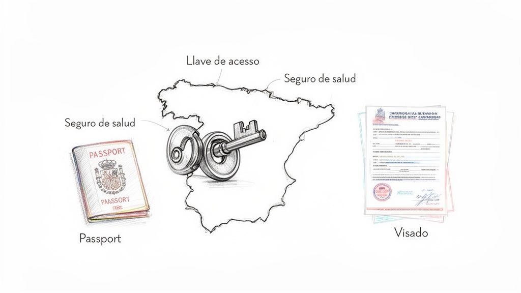 Guía completa del seguro de salud para estudiantes extranjeros en España 1 Un pasaporte, una llave en el mapa de España y documentos de visado, representando acceso a seguro de salud.
