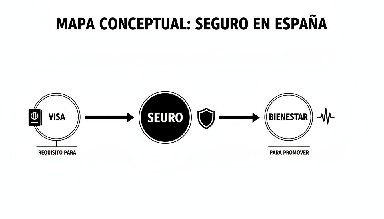 Mapa conceptual que ilustra la relación entre la visa, el seguro y el bienestar en España para extranjeros.
