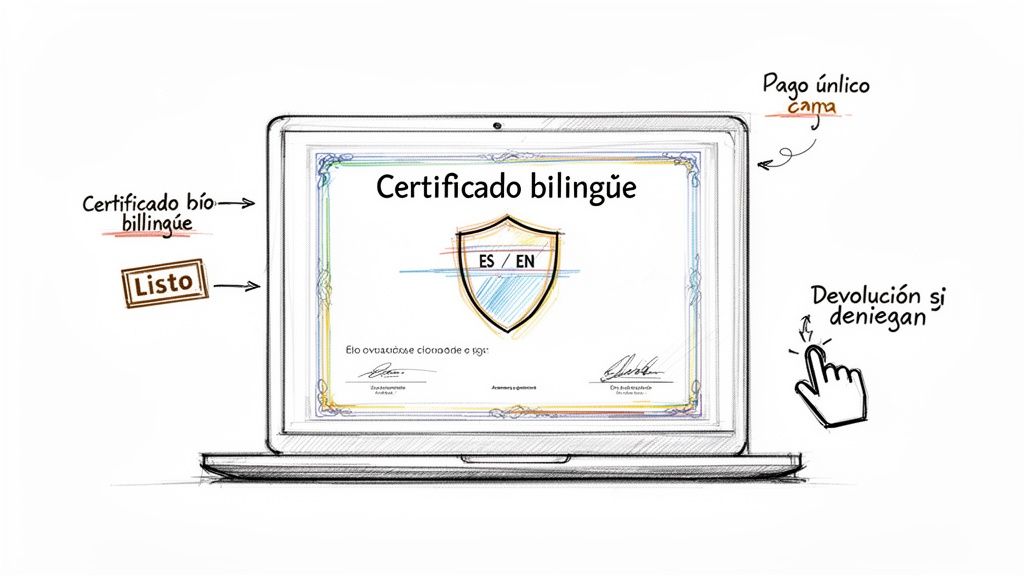 Seguro obligatorio que cubre: todo lo que necesitas para tu visado 3 Certificado bilingüe digital en una laptop, con opciones de idioma ES/EN y beneficios como pago único y devolución.