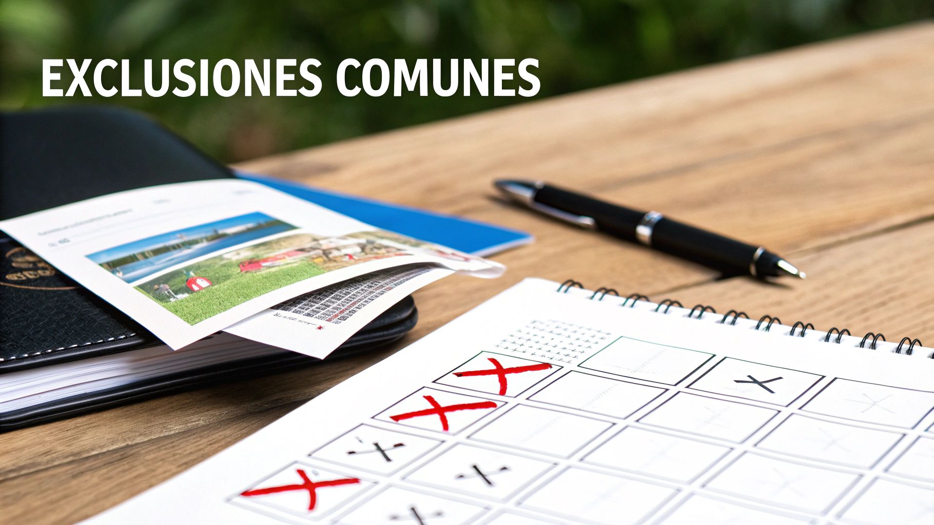 Documento sobre exclusiones comunes abierto en una mesa de madera, con bolígrafo y agenda.