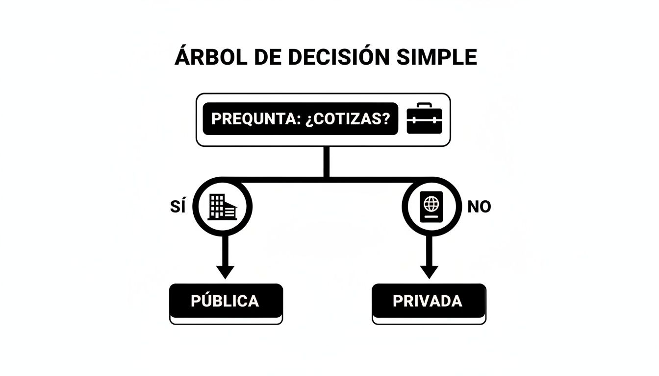 Guía de seguros medicos para extranjeros en españa: el mejor plan para ti 3 Diagrama de árbol de decisión simple sobre cotizaciones para seguros de salud públicos o privados.