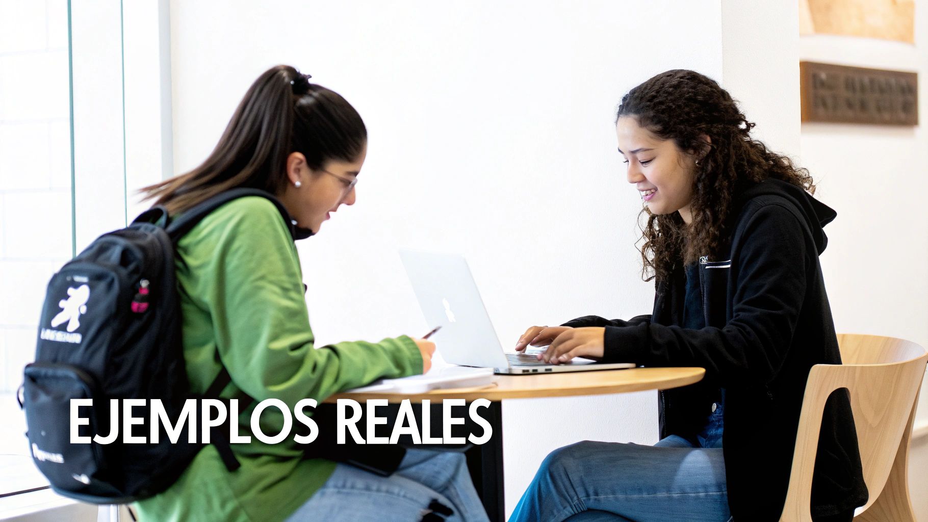 Dos jóvenes estudiantes sonriendo, trabajando juntas en una mesa con una laptop y apuntes.