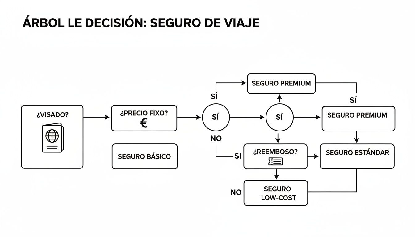 Diagrama de árbol de decisión para seleccionar el tipo de seguro de viaje, mostrando opciones de visado, precio y reembolso.