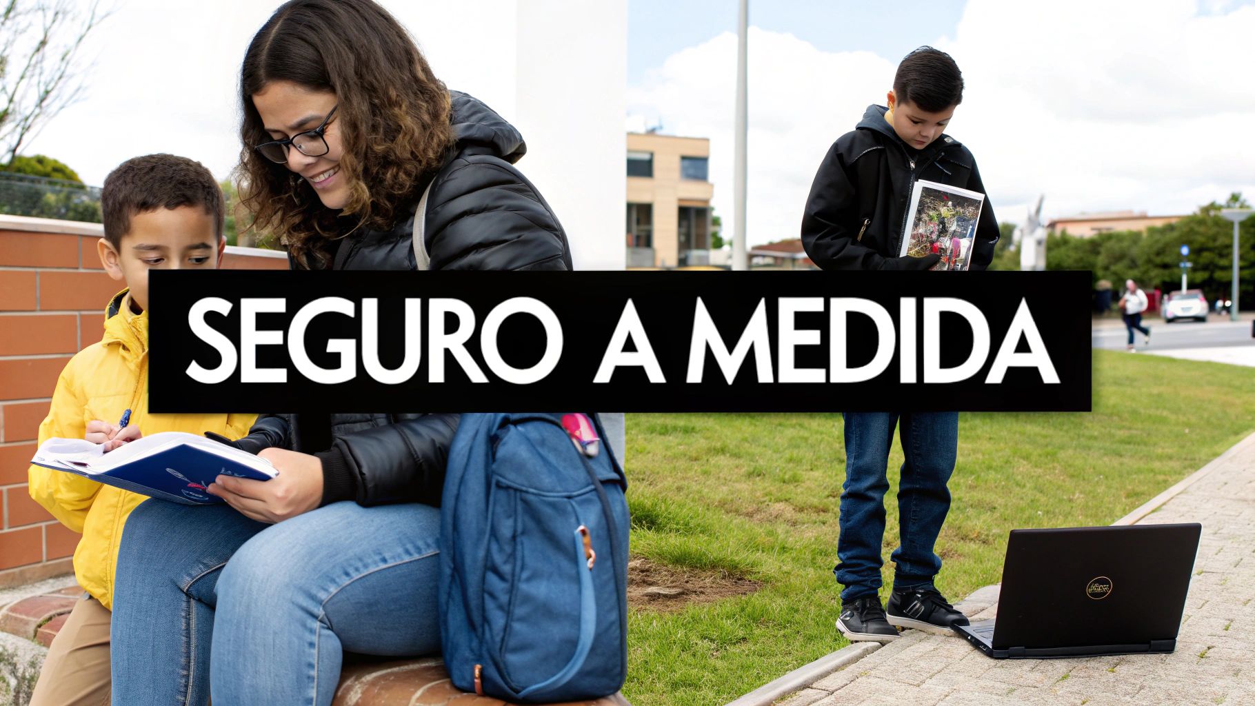 Familia de estudiantes aprendiendo al aire libre con libros y laptop, cubiertos por 'SEGURO A MEDIDA'.