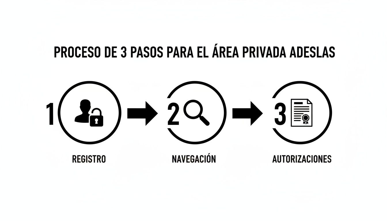 Diagrama de 3 pasos para acceder al área privada de Adeslas: registro, navegación y autorizaciones.