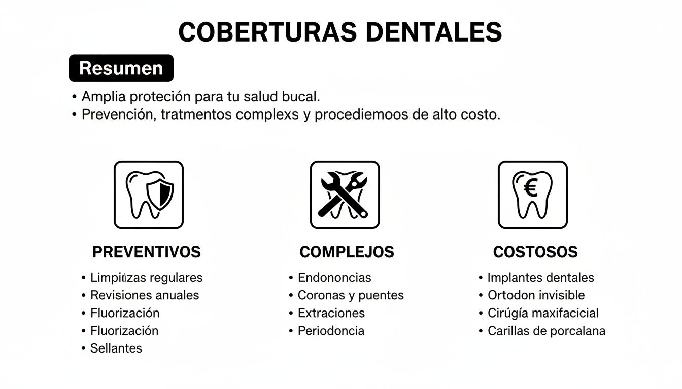 Infografía detallando las coberturas dentales: tratamientos preventivos, complejos y costosos para una salud bucal completa.