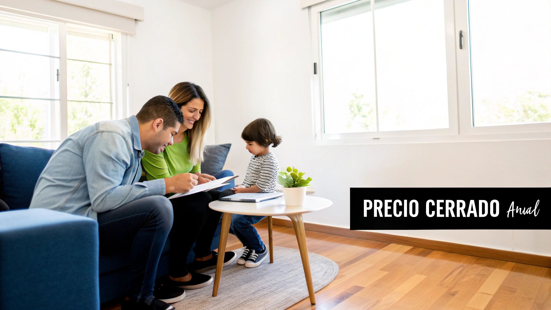 Familia feliz en sala de estar revisando documentos, con niño pequeño sentado junto a ellos en un hogar luminoso.