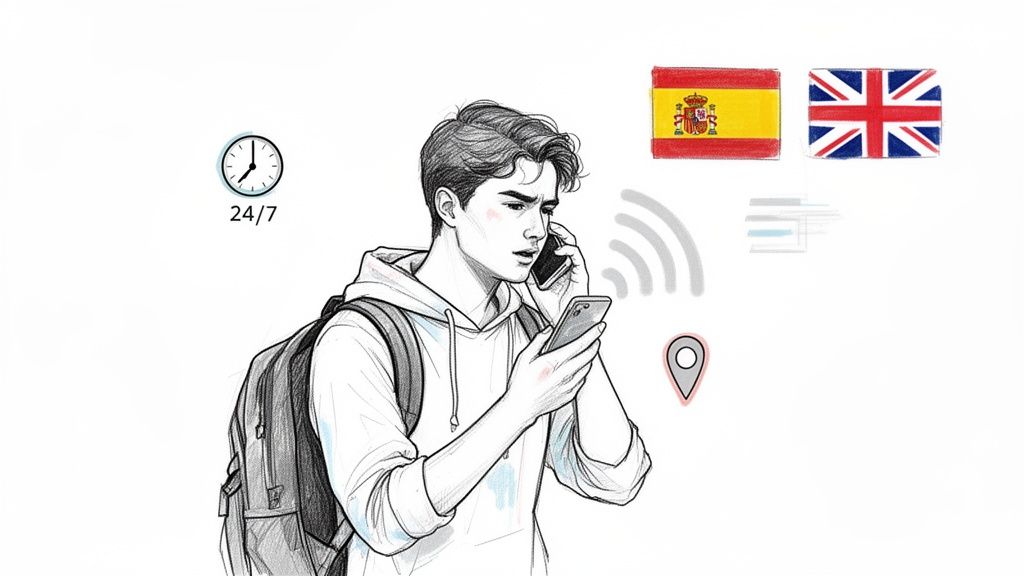 Asisa urgencias teléfono gratuito: Guía rápida y datos esenciales 2 Joven con mochila haciendo una llamada telefónica, con iconos de 24/7, Wi-Fi, ubicación y banderas de España y Reino Unido.
