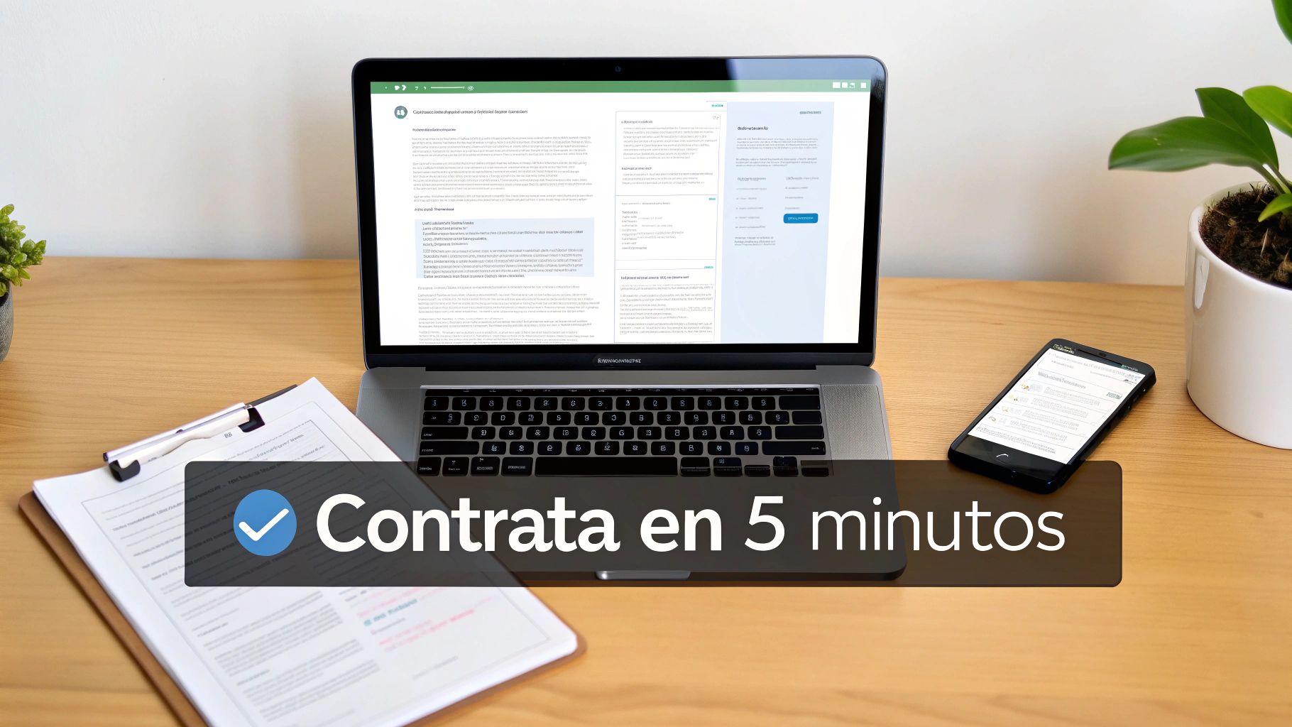 Escritorio moderno con portátil, smartphone y documentos, destacando el mensaje "Contrata en 5 minutos".