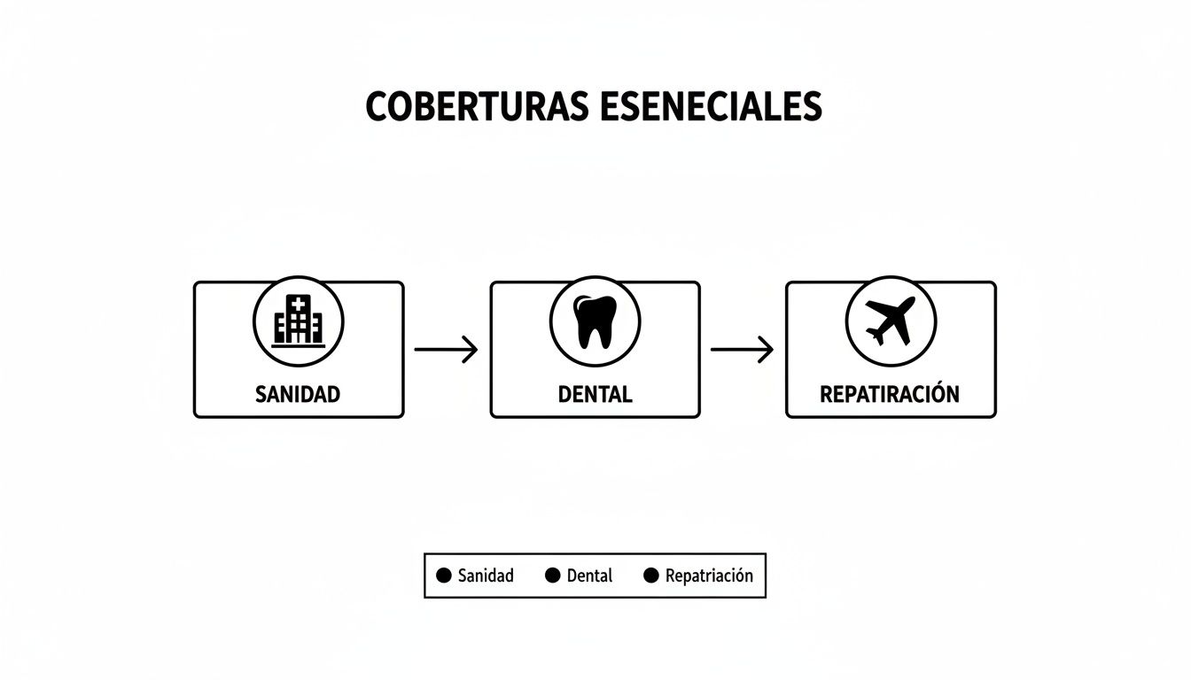 Seguro medico familiar precio: la guía definitiva para familias en España 3 Diagrama de flujo mostrando coberturas esenciales de seguro: sanidad, dental y repatriación, con iconos ilustrativos y leyenda.