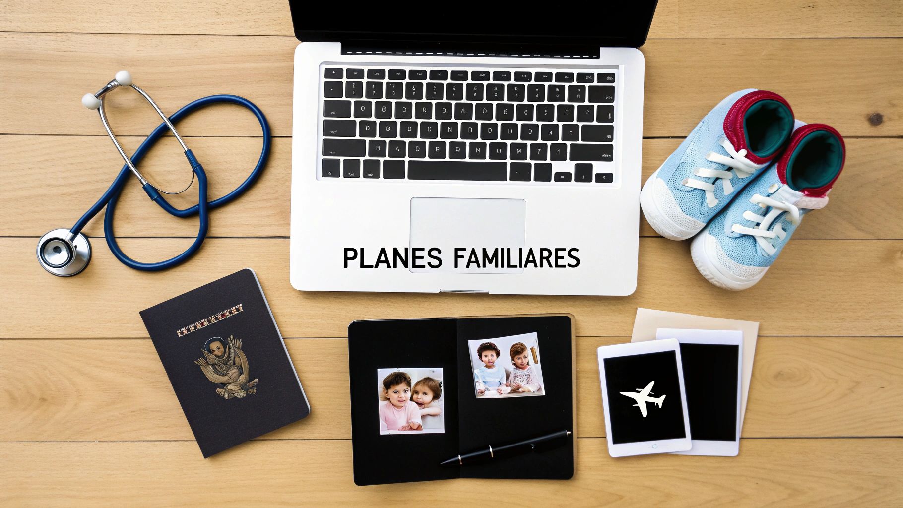 Vista aérea de objetos relacionados con planes familiares: laptop, estetoscopio, pasaporte, zapatos de bebé y fotos.