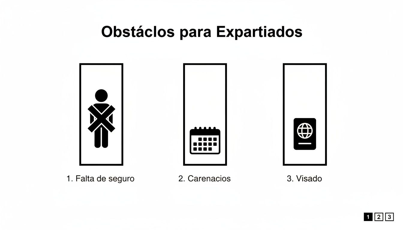 Imagen que ilustra los obstáculos para expatriados: falta de seguro, periodos de carencia y visado.