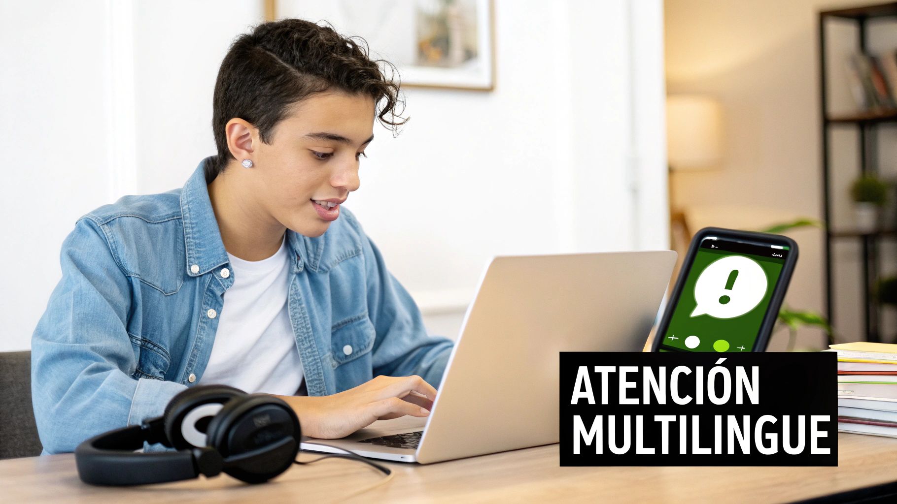 Joven usando una laptop con auriculares, un teléfono mostrando un ícono de exclamación y texto 'Atención Multilingüe'.