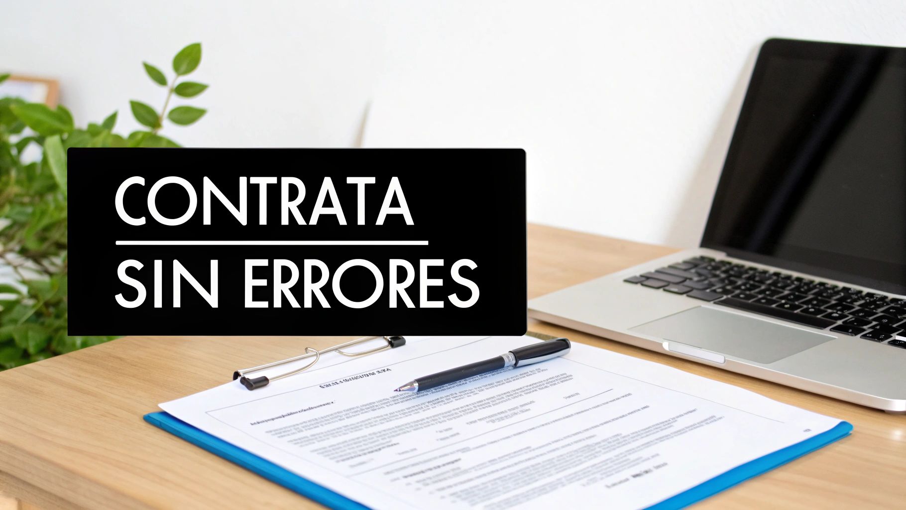 Letrero negro con el texto en blanco 'CONTRATA SIN ERRORES' sobre un escritorio con un portátil y documentos.