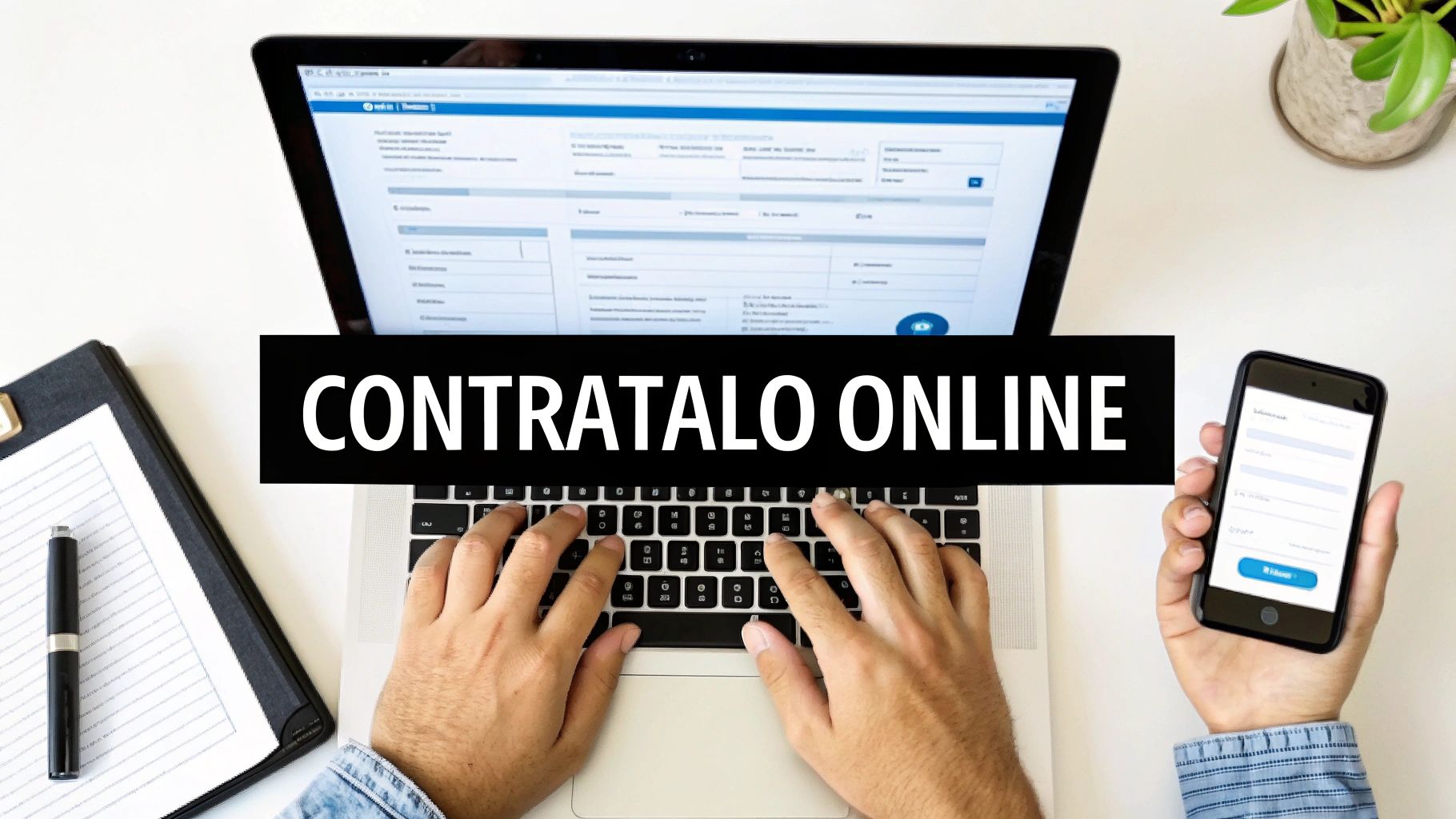 Persona contratando servicios en línea con un portátil y un teléfono móvil, mostrando la facilidad del proceso.