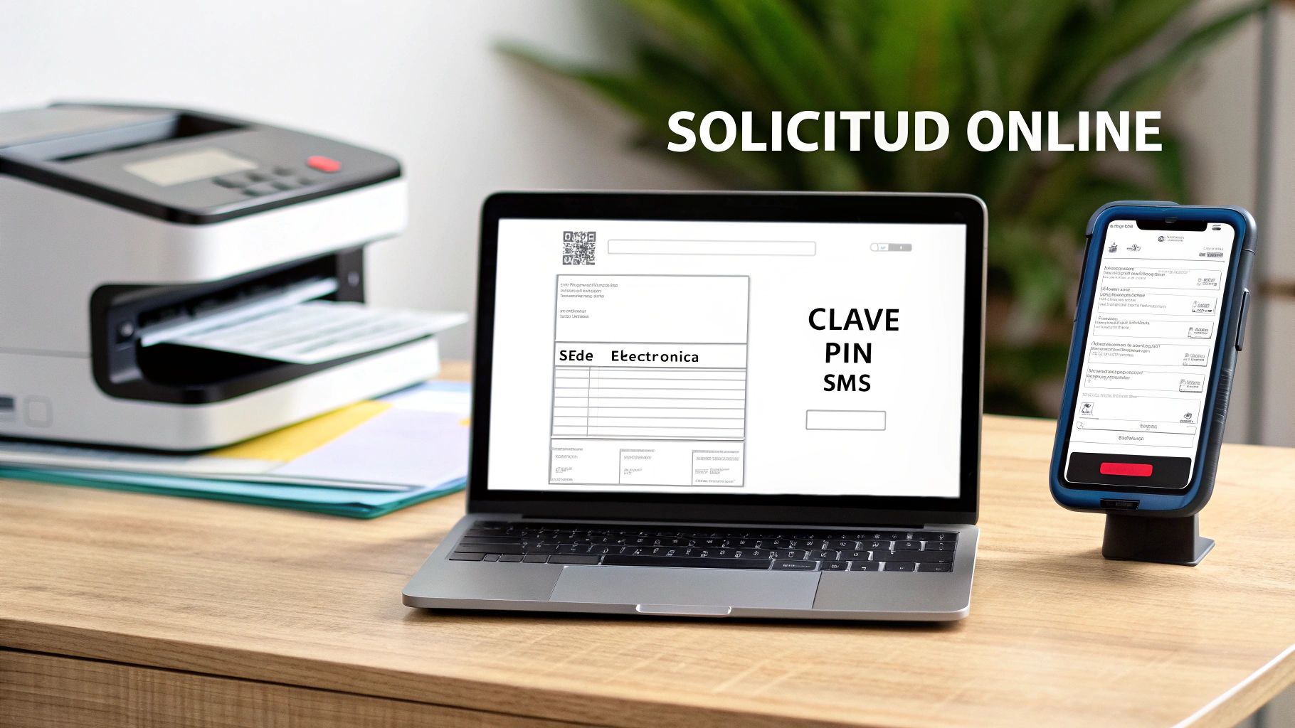 Oficina con laptop, impresora y smartphone mostrando formularios de solicitud online y clave PIN SMS.