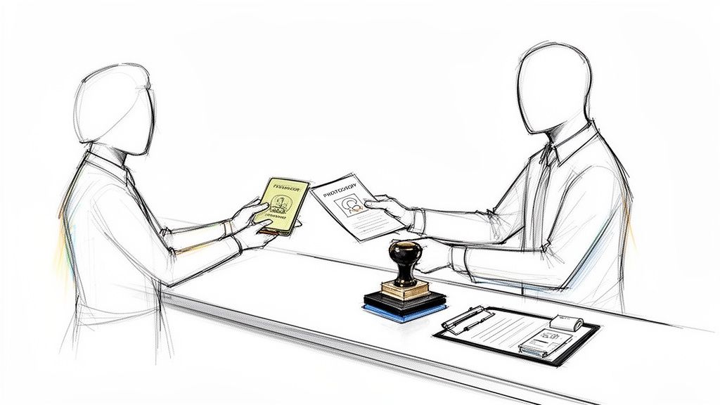 Compulsar fotocopia dni: guía rápida para trámites en España 2 Dos personas interactúan en un mostrador; una entrega un pasaporte, la otra una fotocopia para validación.