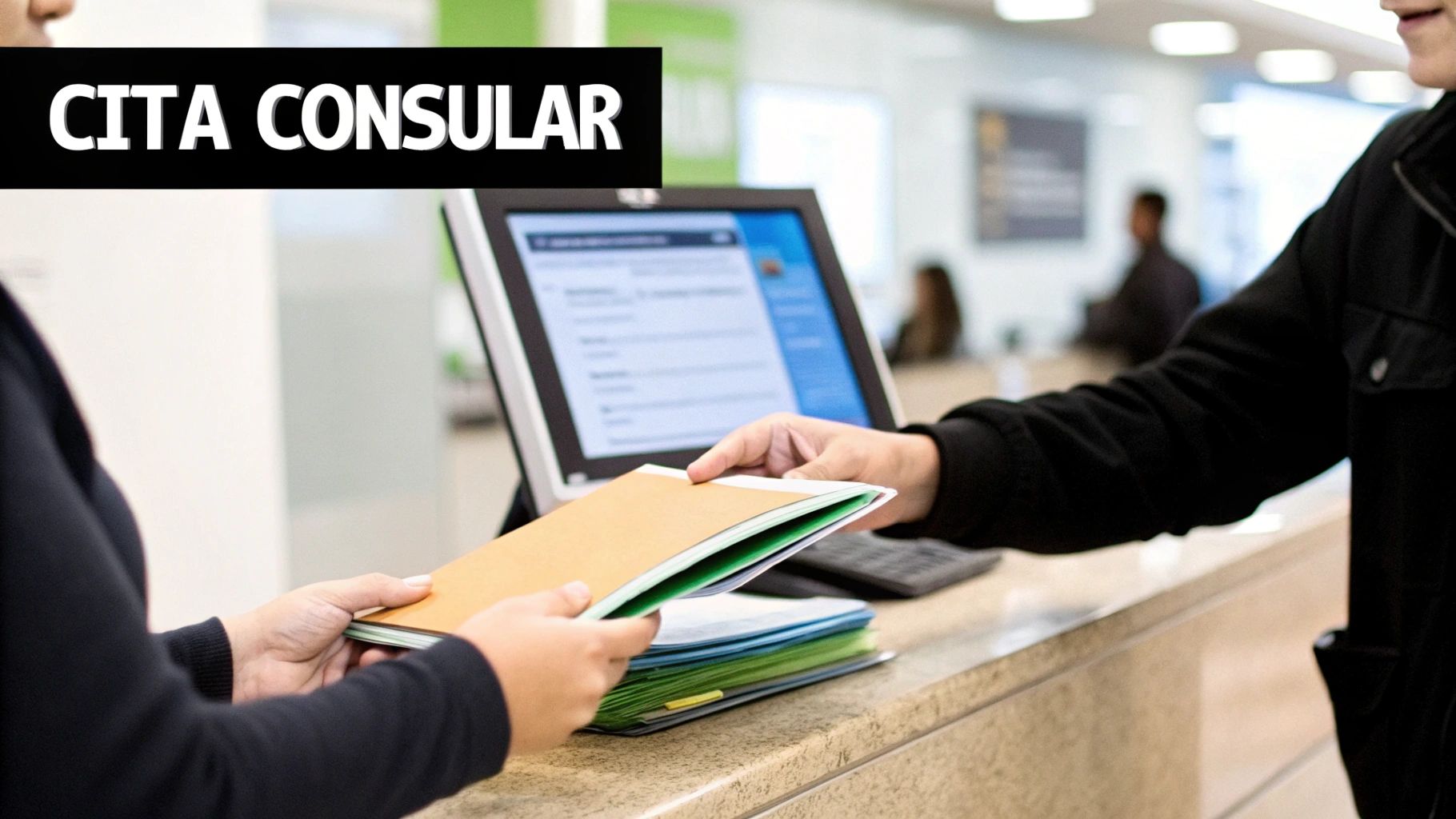 Dos personas intercambian documentos en un mostrador de oficina, con una pantalla de computadora de fondo y el texto 'CITA CONSULAR'.
