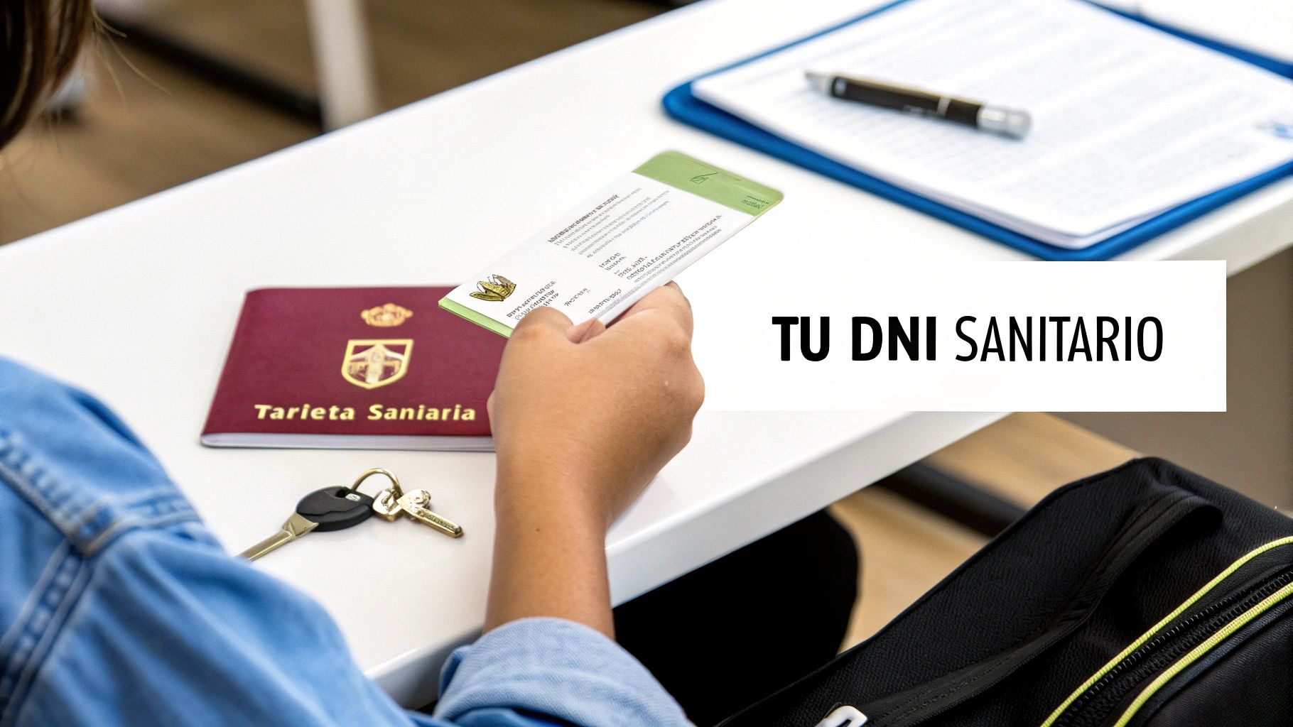 Persona sosteniendo una tarjeta sanitaria verde, junto a un pasaporte de salud rojo y llaves en una mesa.