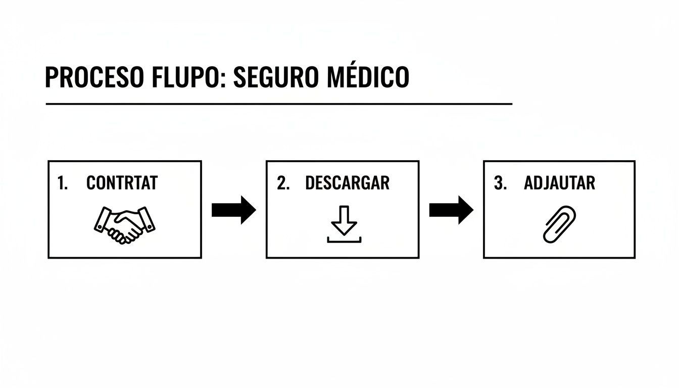 Guía completa de reagrupación familiar en españa requisitos 4 Diagrama de flujo que ilustra el proceso de tres pasos para el seguro médico: contratar, descargar y adjuntar.