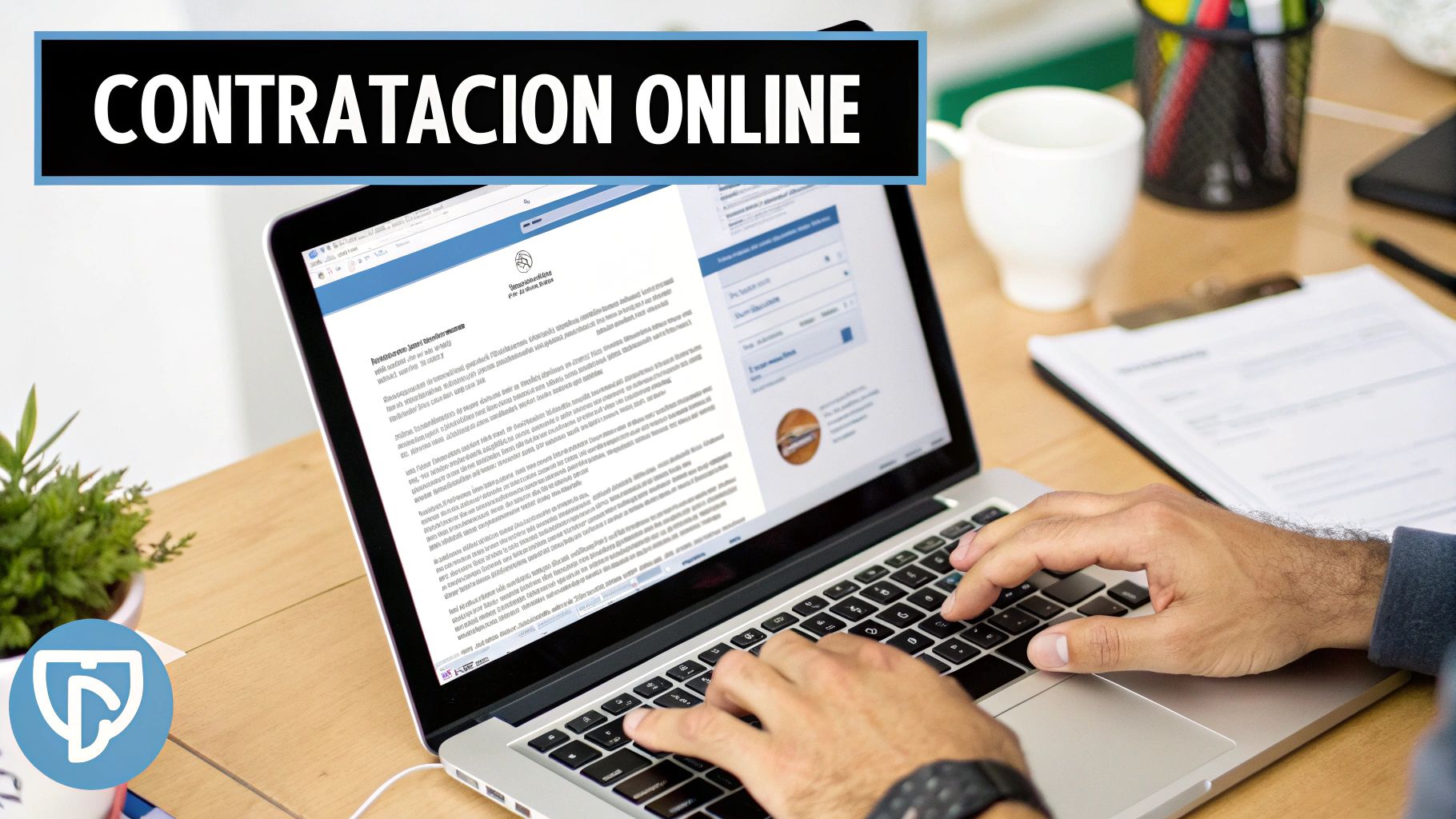 Persona utilizando una laptop para realizar una contratación online en una oficina.