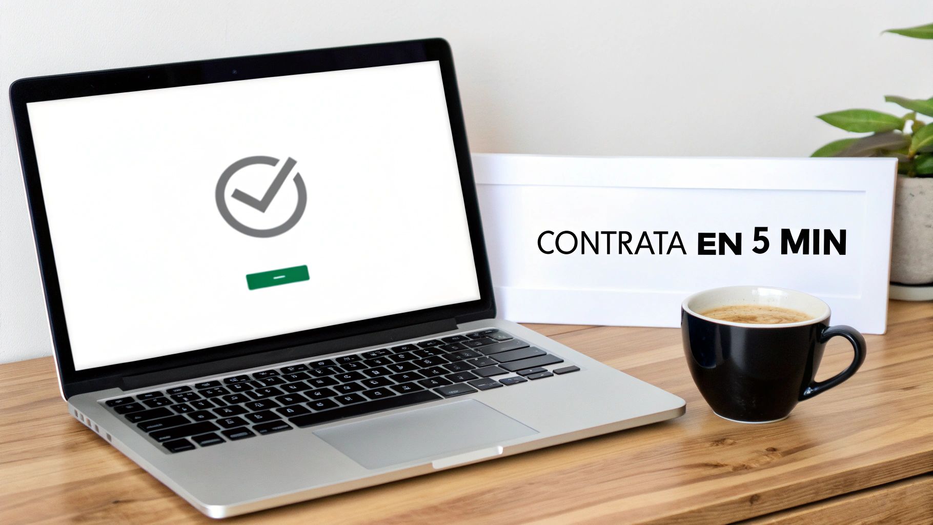 Un portátil en un escritorio de madera con un mensaje de verificación y un cartel que dice 'CONTRATA EN 5 MIN'.